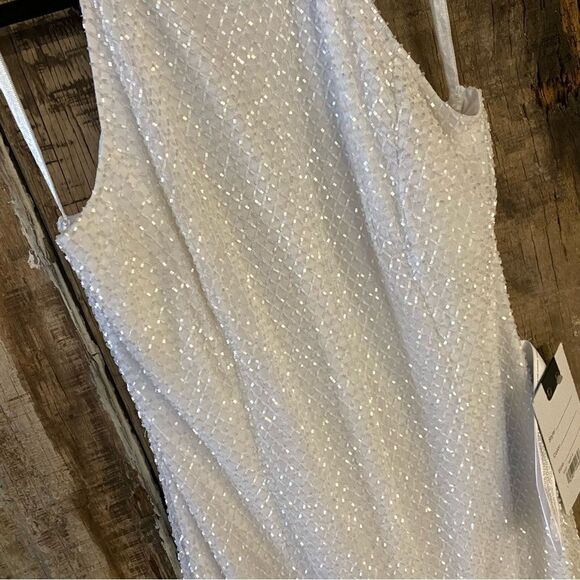 NWT Mac Duggal White Hand Embellished Halter Neck Midi Sheath Dress beaded Sz 8 - Picture 6 of 12